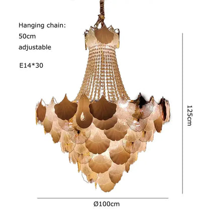 A tiered decorbites ginkgo gold led chandelier with cascading translucent gold-toned ginkgo leaf plates and crystal beads