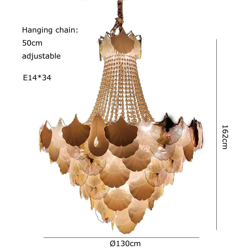 Elegant ginkgo gold led chandelier with cascading ginkgo leaf glass panels and crystal beads for living room decorbites ginkgo gold