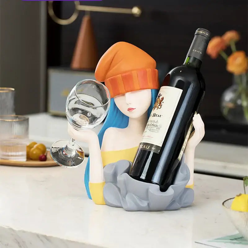 Whimsical resin decorbites elegant girl sculpture wine rack with blue hair and orange beanie for red and blue dining room decor
