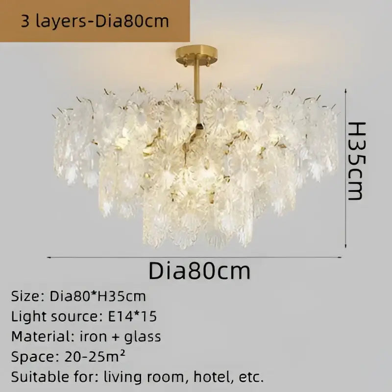 Elegant glass chandelier with three golden iron layers and clear cascading glass petals for dining room decorbites elegant glass