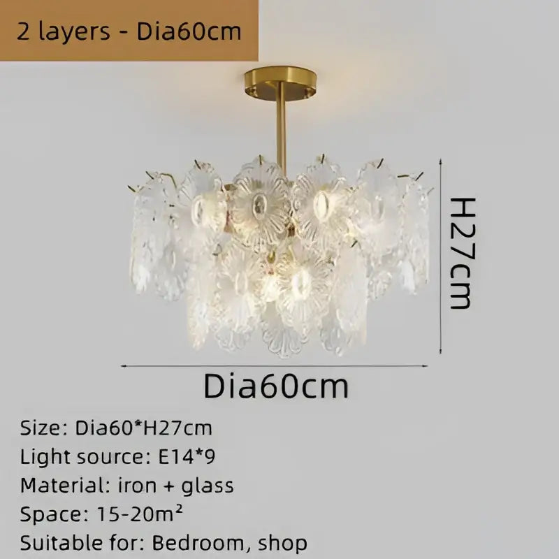Elegant glass chandelier by decorbites with two-layer floral glass shades and brass iron frame for dining room decor