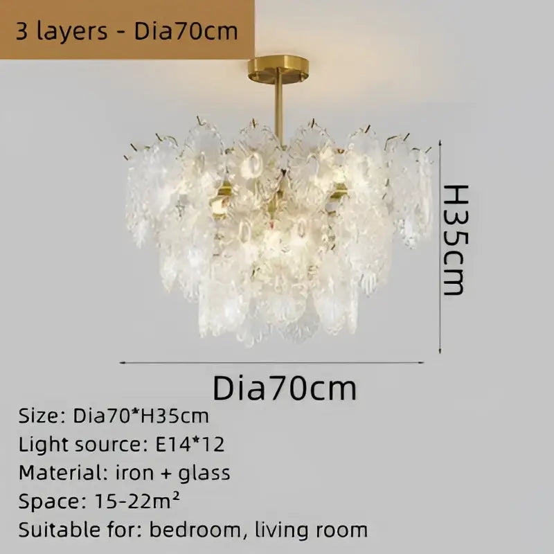 Elegant glass chandelier by decorbites featuring a golden iron frame and translucent glass petals for dining room decor