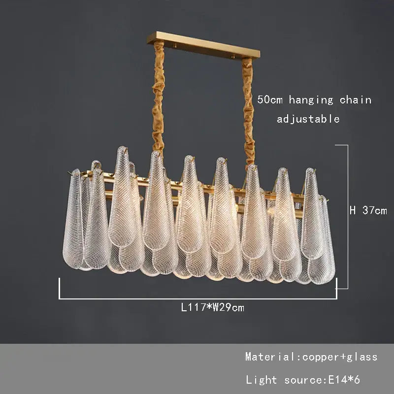 Elegant glass chandelier lighting with gold metal frame and ten textured glass teardrops by decorbites for dining room decor