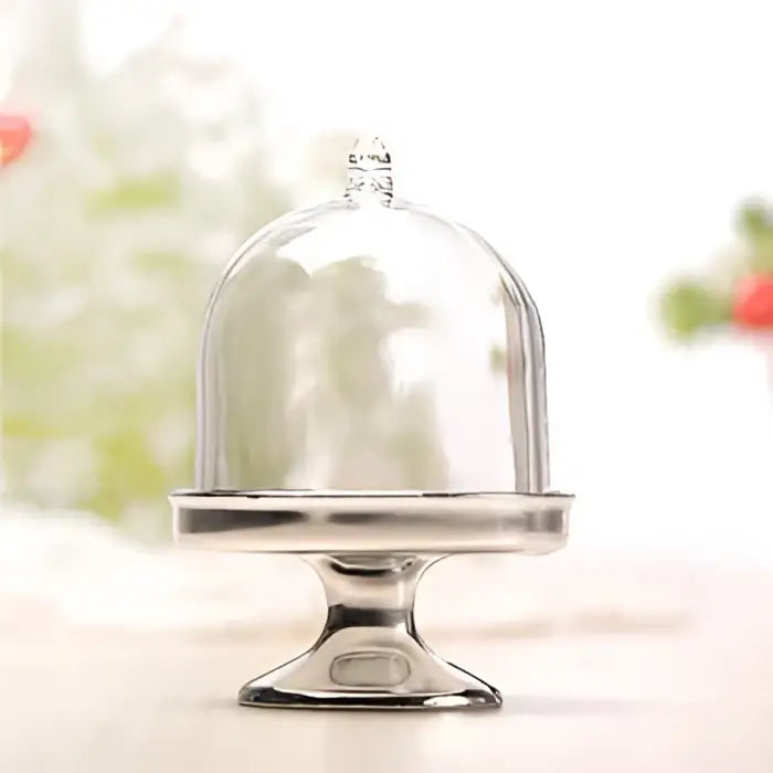 Elegant clear glass dome candy box with silver metallic base and pedestal for decorbites candy box tray display