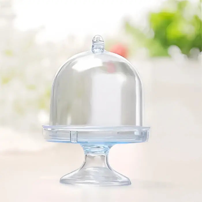 Elegant clear glass candy box dome with blue-tinted base and pedestal candy box tray for dining room party favors decorbites