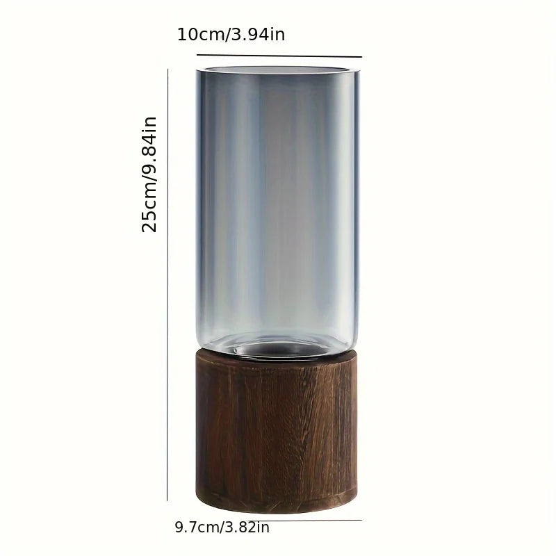 Elegant glass vase with tall translucent gray glass and dark brown wooden base for modern hydroponic plant decor