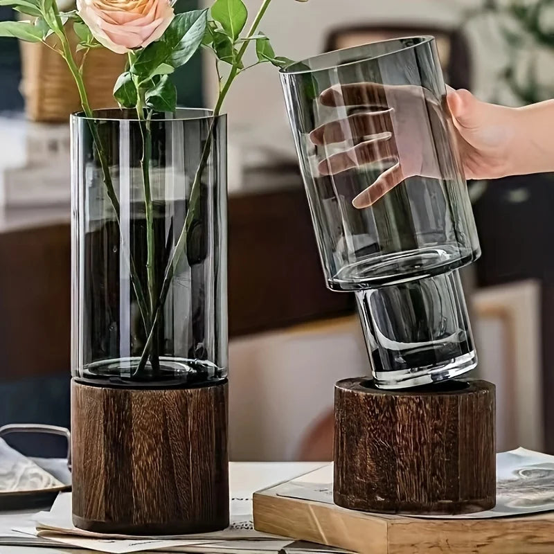 Elegant glass vase with dark wood base for hydroponic plants modern tabletop floral arrangement home decoration