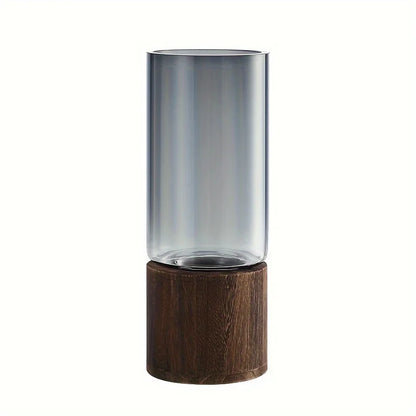 Elegant glass vase with dark gray gradient finish and wooden base for hydroponic plants and modern decor