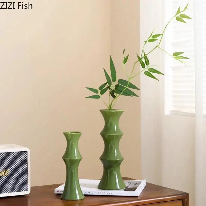 Green ceramic bamboo ceramic vase with glossy finish for living room decor by decorbites bamboo ceramic
