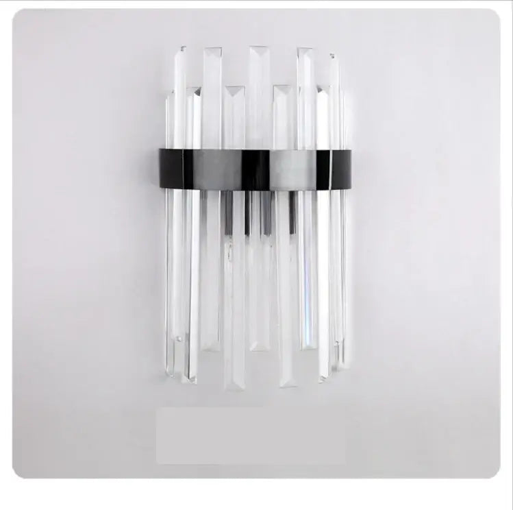 Elegant gold and crystal led wall lamps featuring clear glass rods with a black and silver band for living space decor