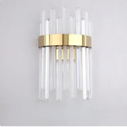 Elegant gold and crystal led wall lamps featuring clear crystal rods and a polished gold band for living room decor
