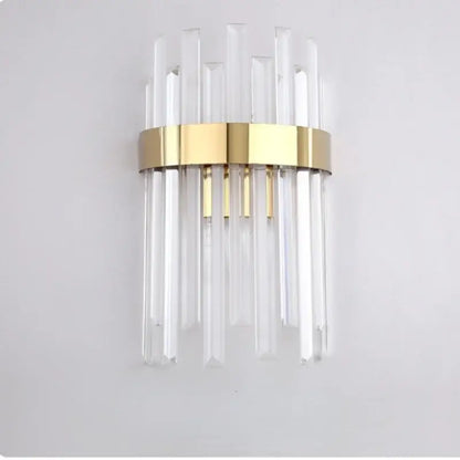Elegant gold and crystal led wall lamps featuring clear crystal rods and a polished gold band for living room decor