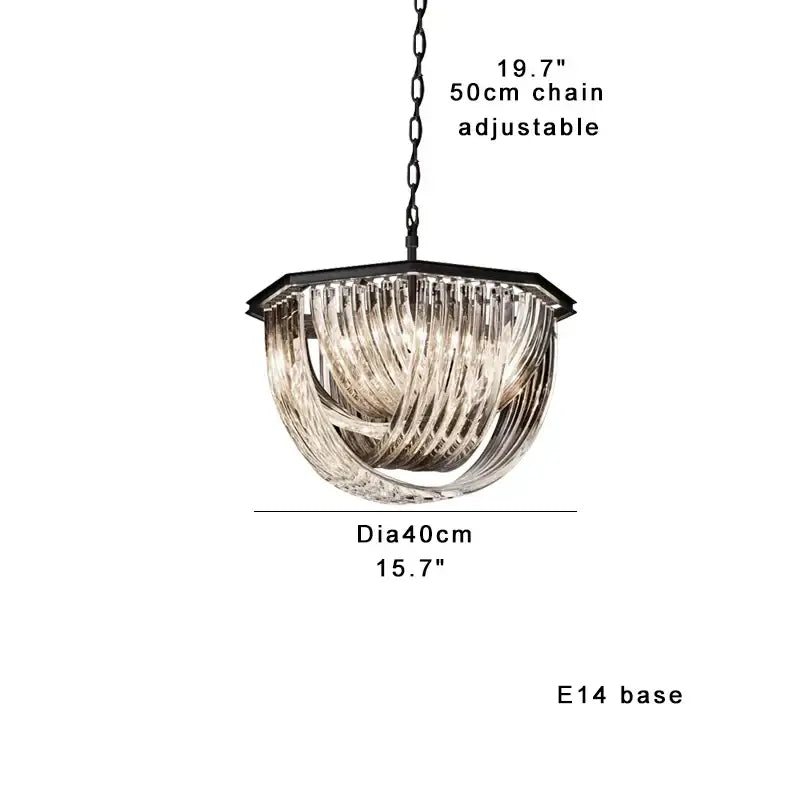 Elegant gold and glass crystal pendant lights featuring a modern black metal frame with ribbed glass shades