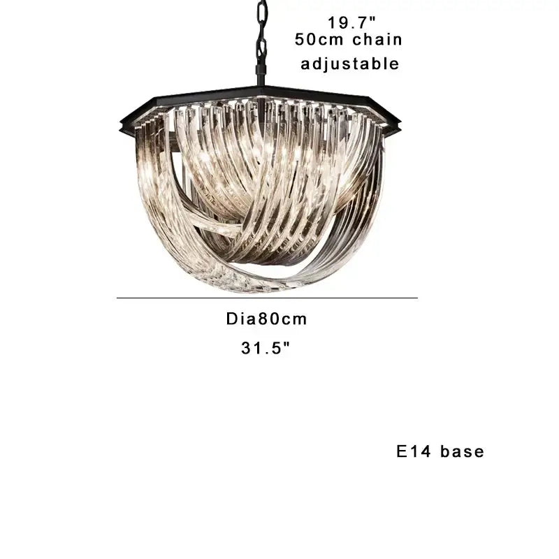 Elegant gold and glass crystal pendant lights with black metal frame and frosted amber twisted glass rods for kitchen island