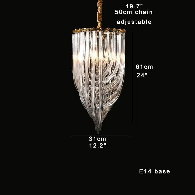 Elegant gold and glass crystal pendant lights featuring a clear glass chandelier with an adjustable 50cm chain