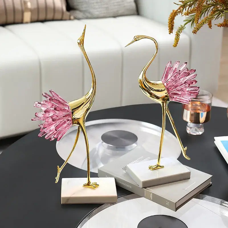 Elegant gold and pink crystal bird decorative figurines with translucent wings on white marble bases for living room decorbites crystal bird metal