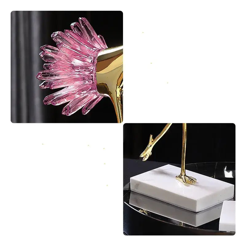 Elegant gold decorative figurines featuring a delicate pink decorbites crystal bird with metal accents on marble base