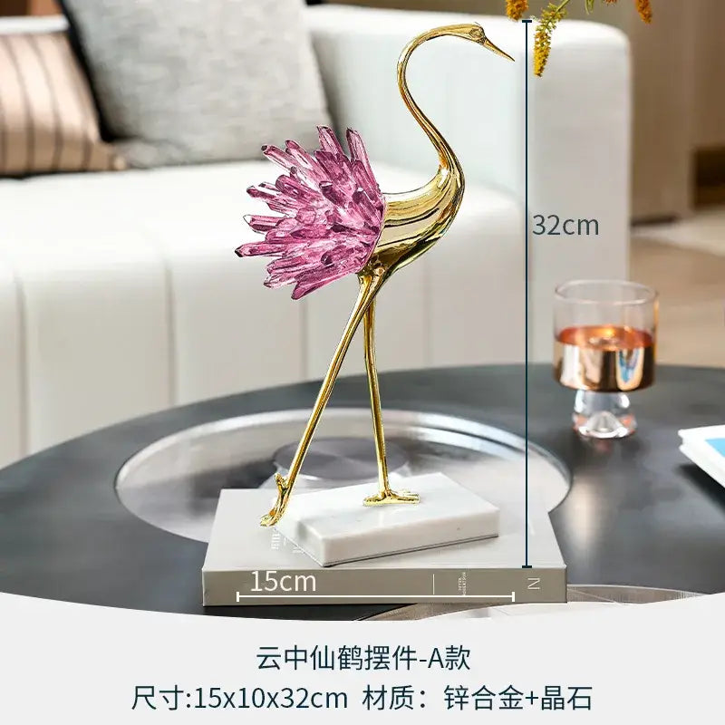 Delicate golden decorative figurines featuring a pink crystal bird metal tail crafted from zinc alloy for living room decorbites crystal bird