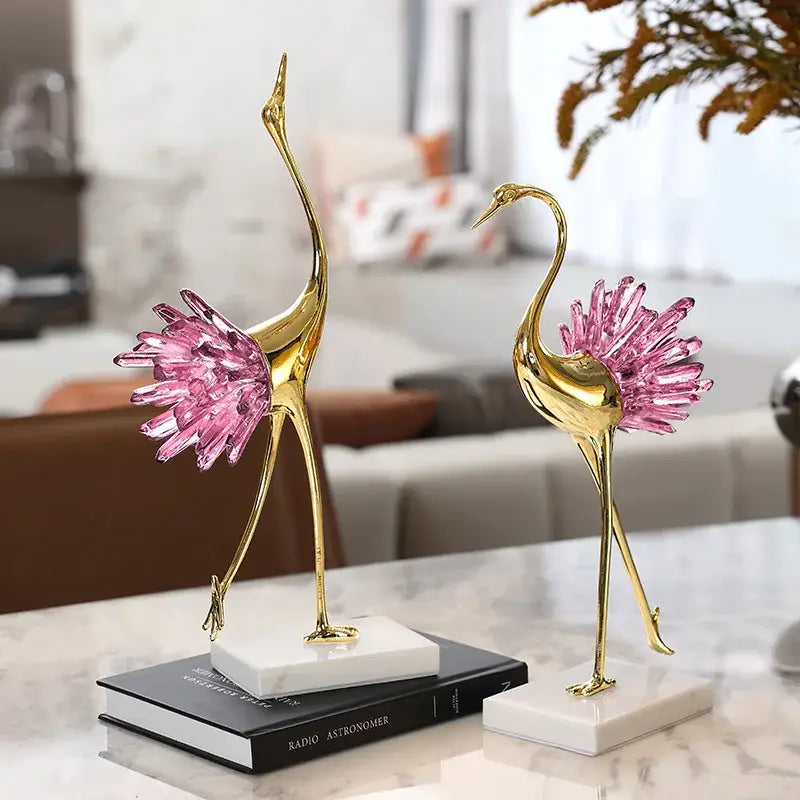 Two elegant gold decorative figurines with sparkling pink crystal bird metal feathers on white marble base for living room decorbites crystal bird decor