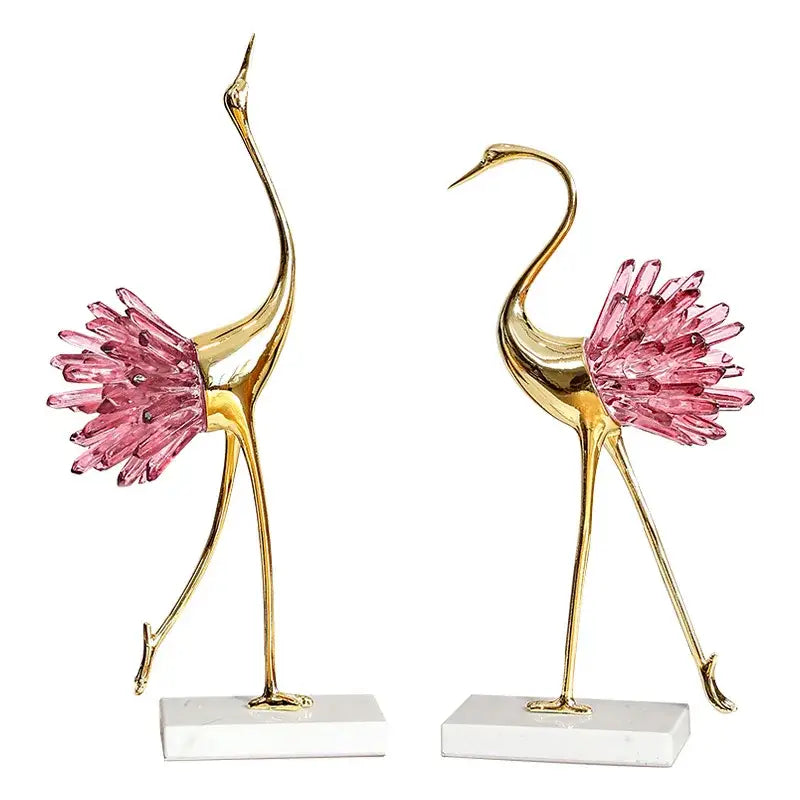 Elegant gold and pink crystal bird decorative figurines with marble bases by decorbites crystal bird metal collection