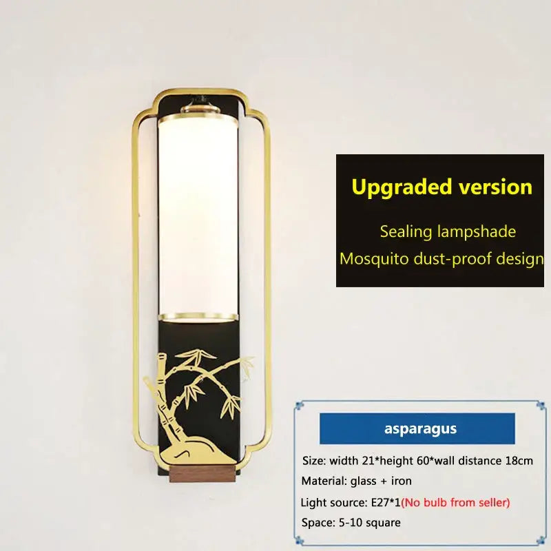 Elegant gold bamboo iron glass wall sconce with frosted glass lampshade and black base for living room decor