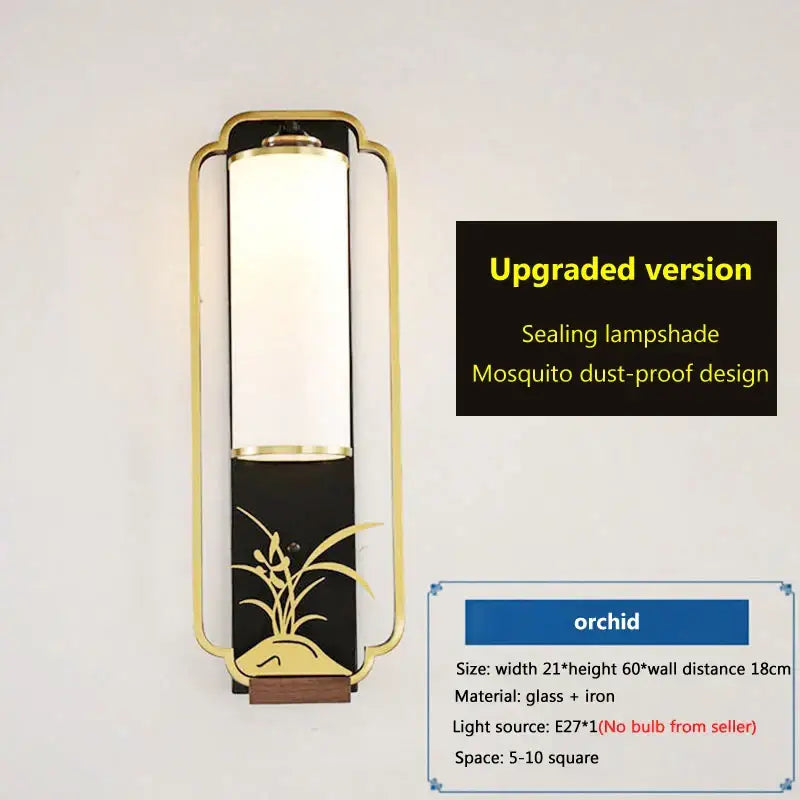 Elegant gold bamboo iron glass wall sconce with black glass and orchid design for living room iron glass wall decor