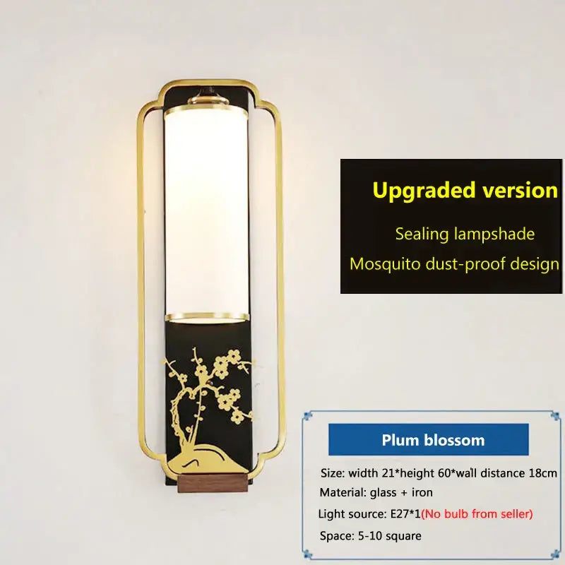 Elegant gold bamboo iron glass wall sconce with frosted lampshade and intricate plum blossom design for living room