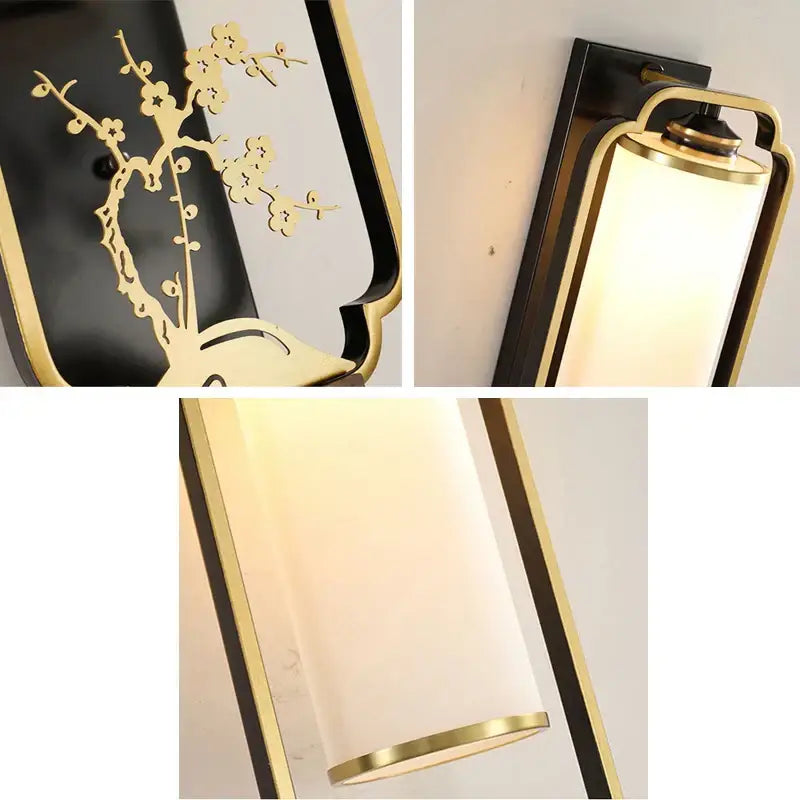 Elegant gold bamboo iron glass wall sconce with black frame and frosted glass shade featuring ornate cherry blossom design