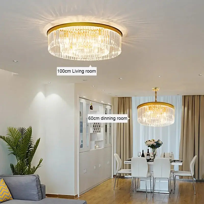 Elegant gold and black crystal round ceiling chandelier with gold-toned circular frame and cascading crystal prisms for dining room decorbites crystal round
