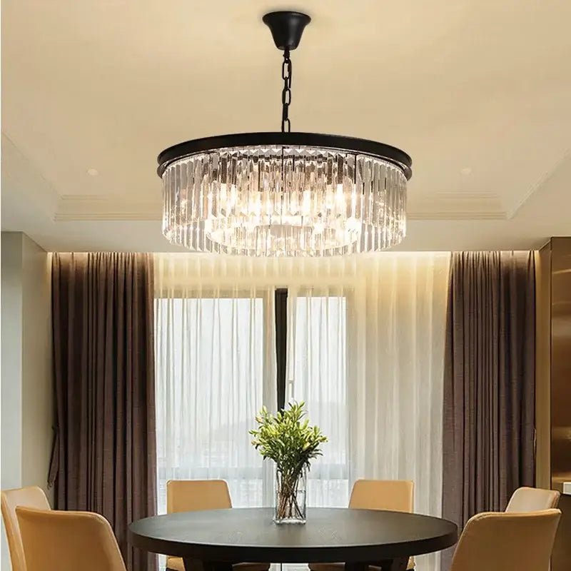 Elegant gold and black decorbites crystal round ceiling chandelier with cascading clear crystal rods for dining room decor
