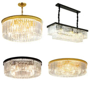 Elegant gold and black decorbites crystal round ceiling chandelier with cascading clear glass rods for dining room decor