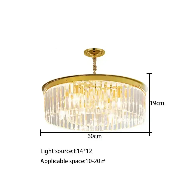 Elegant gold and black decorbites crystal round ceiling chandelier with cascading clear crystal rods for dining room decor