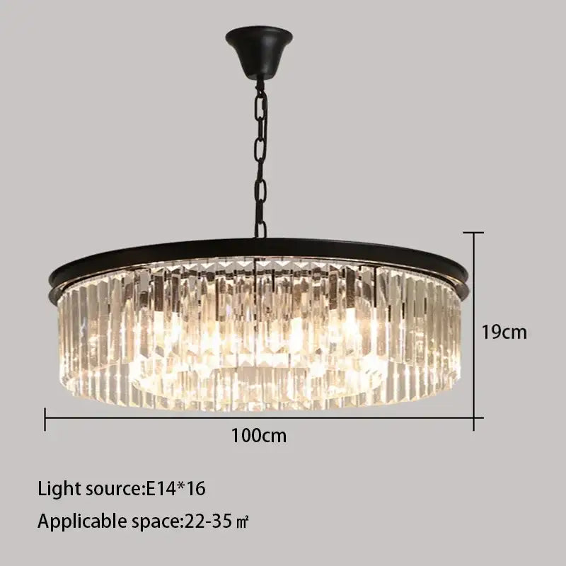 Elegant gold and black metal crystal round ceiling chandelier with cascading clear prisms for dining room decorbites crystal round