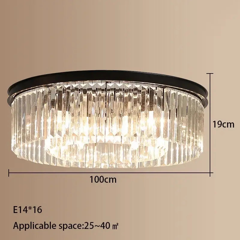 A modern crystal round ceiling chandelier with black metal frame and cascading clear prisms for elegant decorbites crystal round lighting