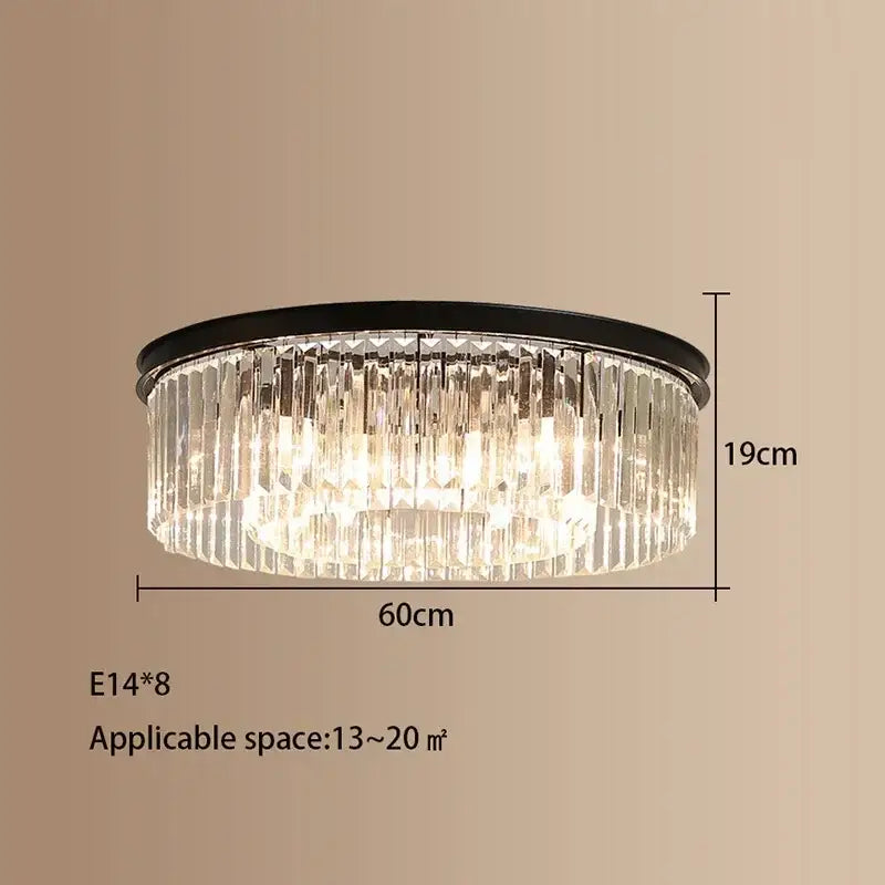 Elegant gold and black crystal round ceiling chandelier with black metal frame and cascading clear crystal prisms decorbites crystal round ceiling