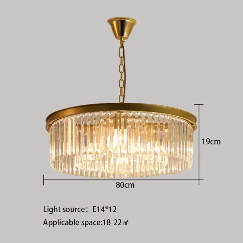 Elegant gold and black decorbites crystal round ceiling chandelier with cascading prisms and circular brass frame for dining room