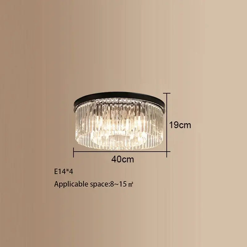 Elegant gold and black decorbites crystal round ceiling chandelier with black metal frame and hanging glass prisms for dining room decor