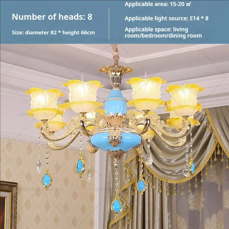 Elegant gold and blue crystal chandelier with eight yellow glass flower shades for living room decorbites elegant crystal lighting