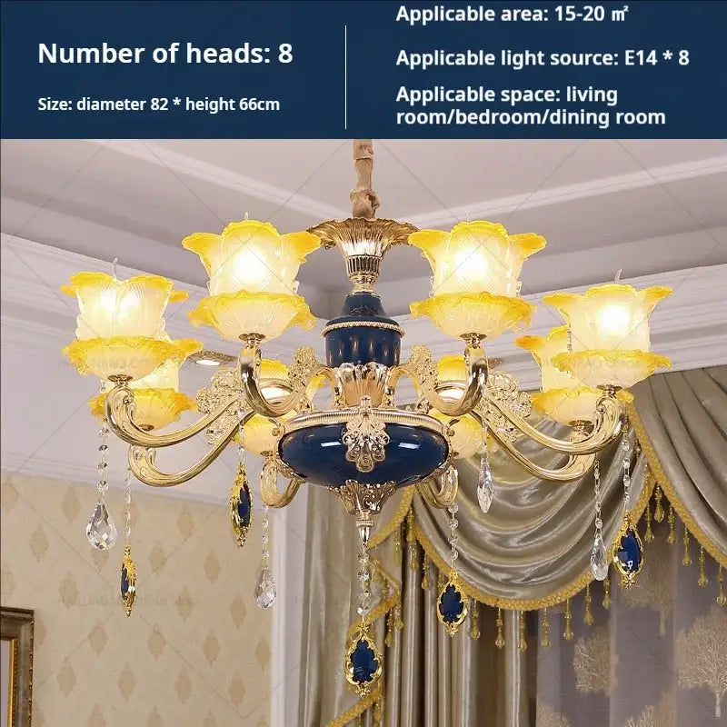 Elegant crystal chandelier with gold-toned metalwork, deep blue body, and amber glass shades by decorbites elegant crystal