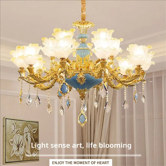 Elegant gold and blue floral decorbites elegant crystal chandelier with crystal droplets for living room lighting