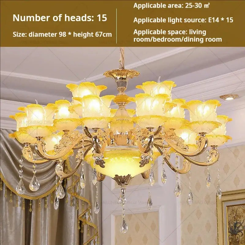 Elegant gold and blue decorbites elegant crystal chandelier with 15 yellow glass flower shades and crystal teardrops