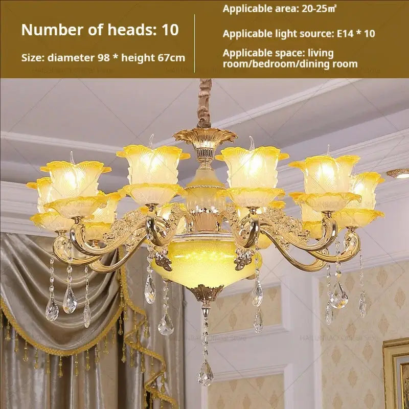 Elegant gold and blue decorbites elegant crystal chandelier with ten yellow glass flower shades and crystal teardrops for living room lighting