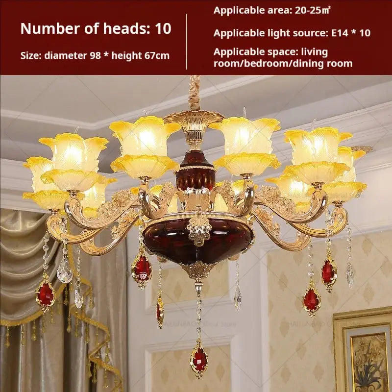 Decorbites elegant crystal chandelier with ten yellow glass flower shades red gemstones and crystal droplets for living room lighting