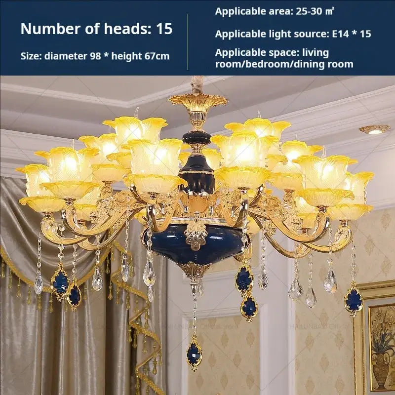 Elegant gold and blue crystal chandelier with 15 glowing yellow glass flower shades for living room decorbites elegant crystal