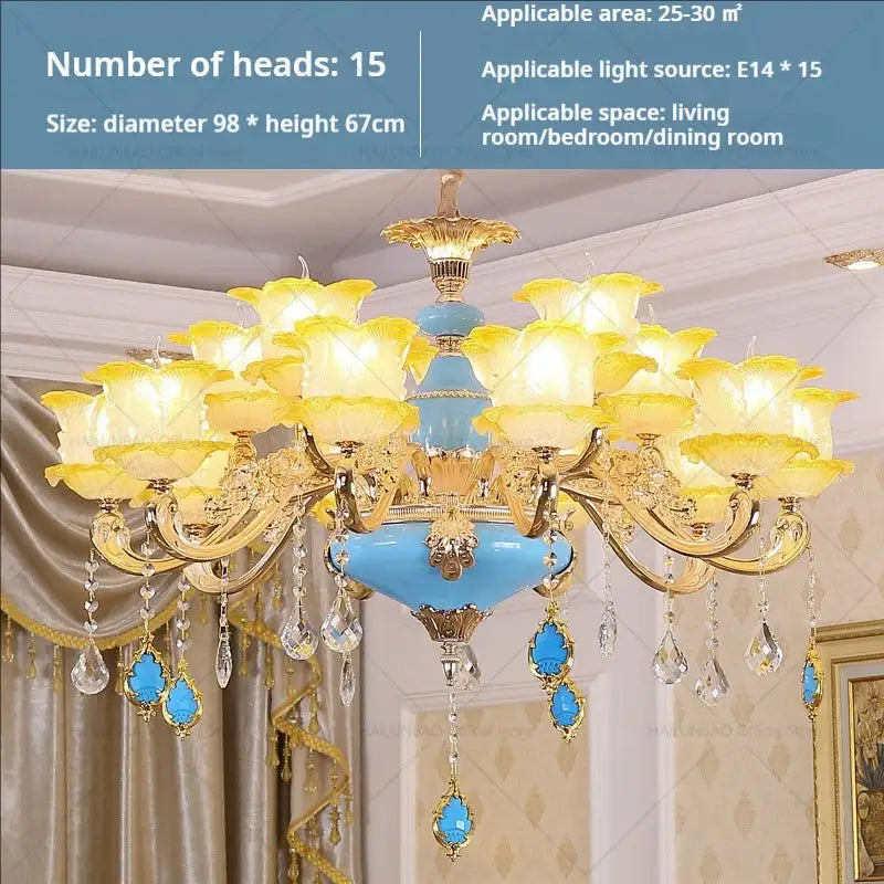 Elegant crystal chandelier by decorbites featuring blue and gold metal arms with 15 yellow flower glass shades