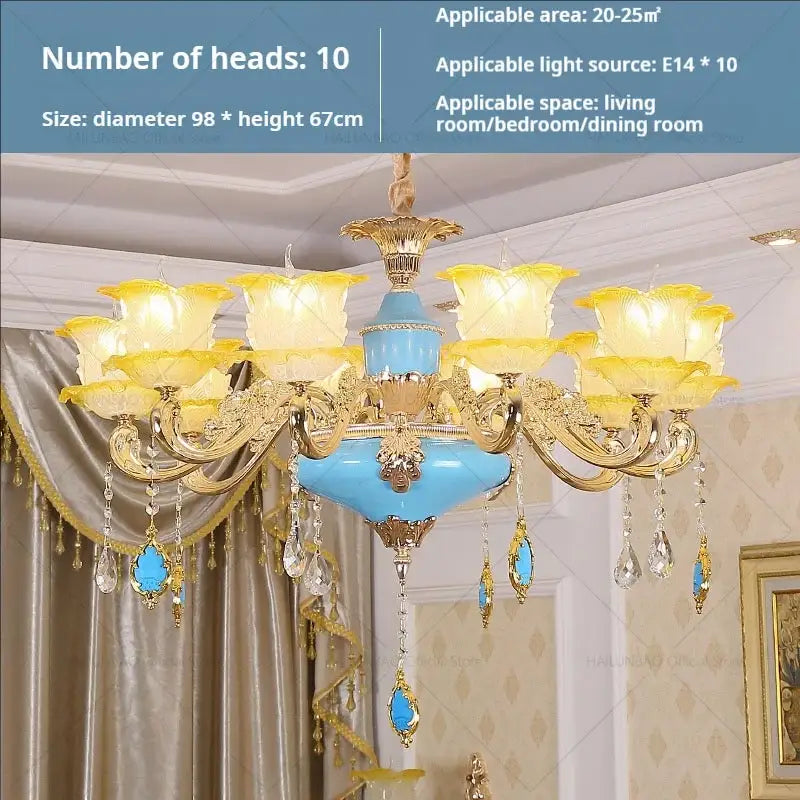 Elegant gold and blue crystal chandelier with ten glowing yellow glass flower shades and crystal droplets by decorbites elegant crystal