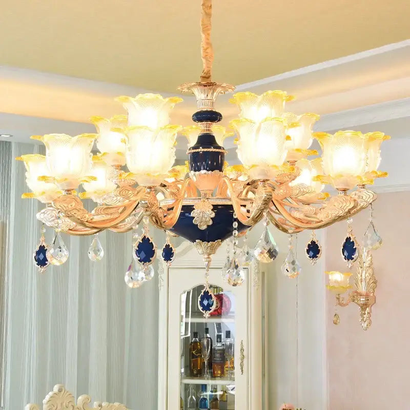 Elegant gold and blue crystal chandelier with floral glass shades and dangling crystals for living room decorbites elegant crystal