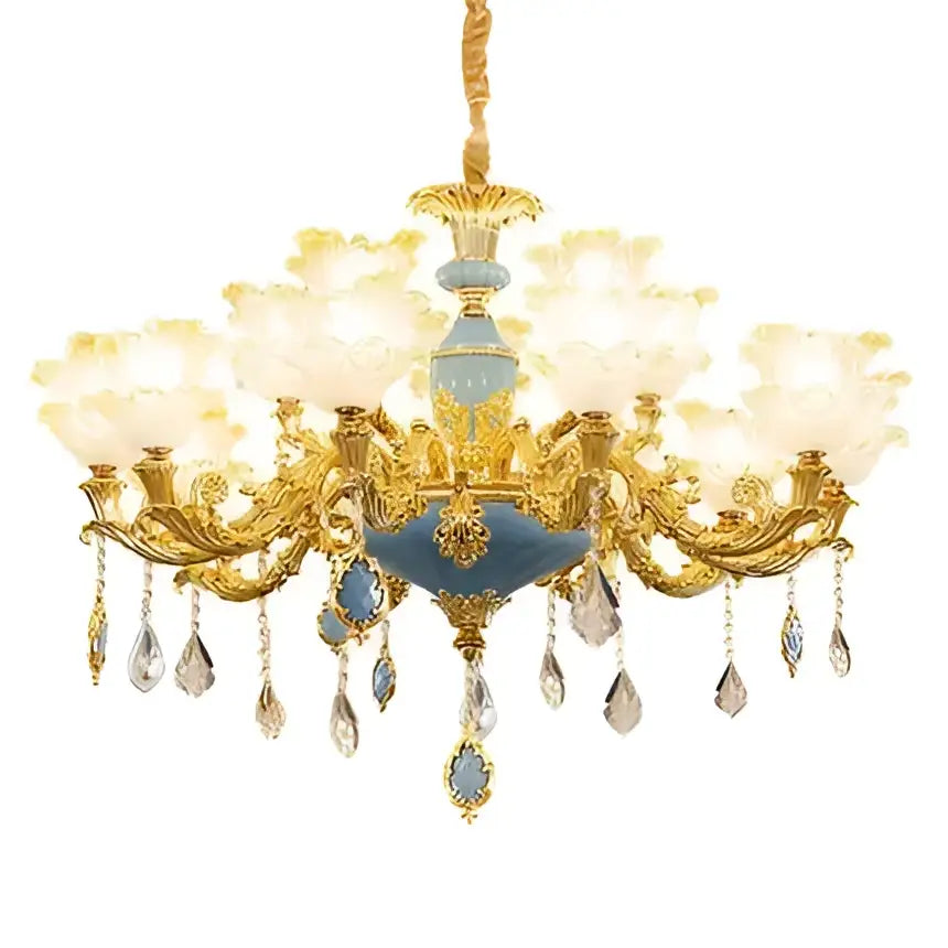 Elegant crystal chandelier by decorbites featuring gold and blue ornate design with crystal droplets for living room lighting
