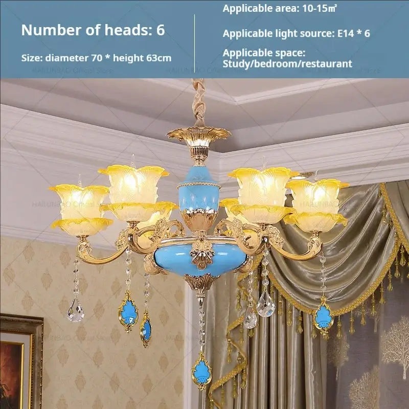 Blue and gold decorbites elegant crystal chandelier with six yellow glass lampshades for living room lighting