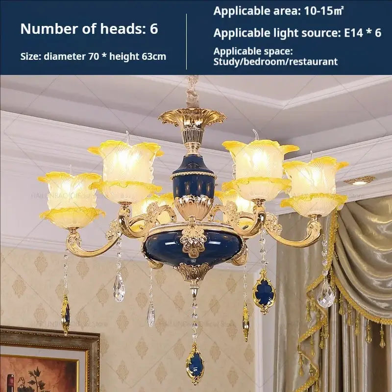 Elegant gold and blue six-head crystal chandelier with ceramic accents and yellow glass shades for living room decorbites elegant crystal